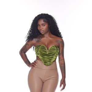 Strapless Olive Green Ruched Velvet Corset Top